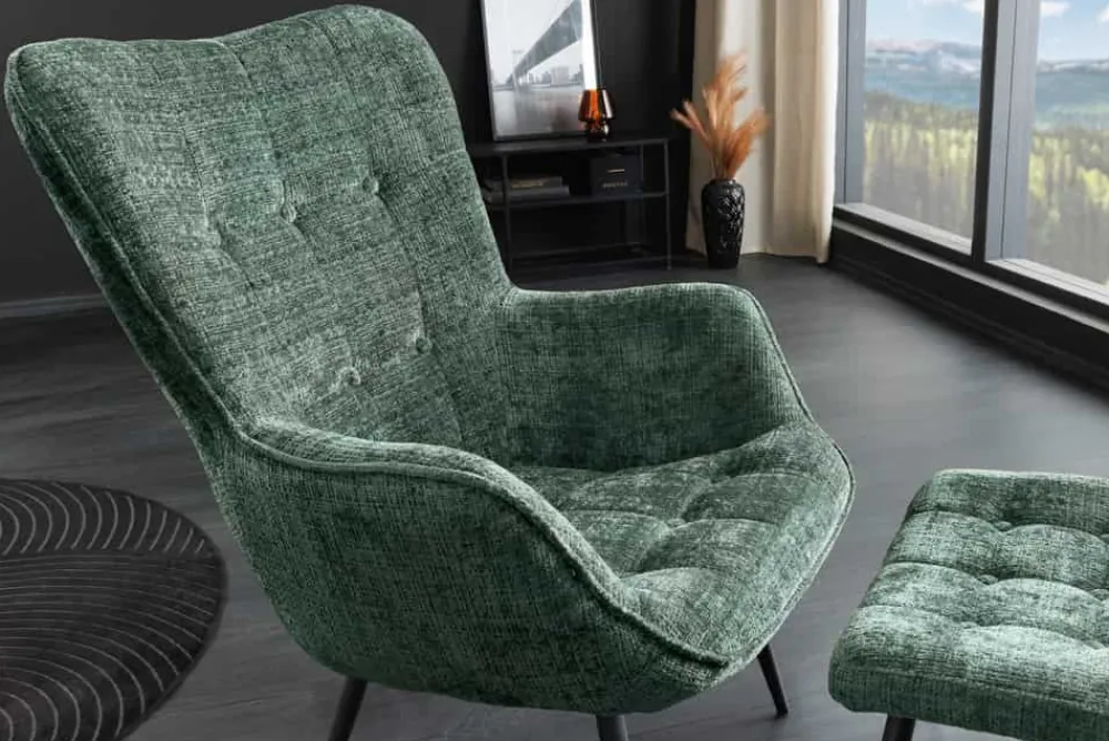 Riess-Ambiente Skandinavisch|Loungesessel > Design Sessel SCANDINAVIA grün Chenille Cremona schwarz Metall mit Armlehne