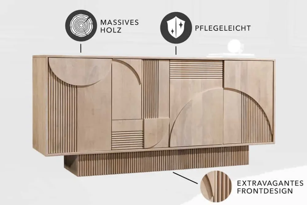 Riess-Ambiente Retro Möbel|Sideboards & Kommoden > Design Sideboard ART DECO 170cm weiß gekälkt Mangoholz massiv 3D-Front