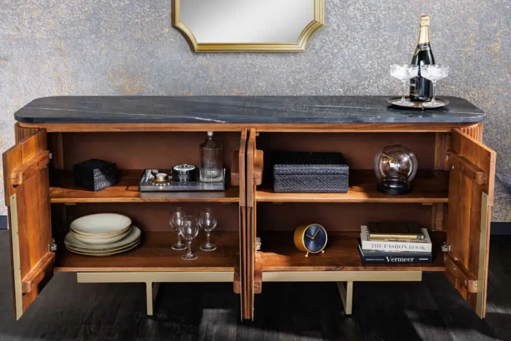 Riess-Ambiente Mehr...|Retro Möbel > Design Sideboard GATSBY 160cm braun gold Mangoholz Marmor Metallgestell