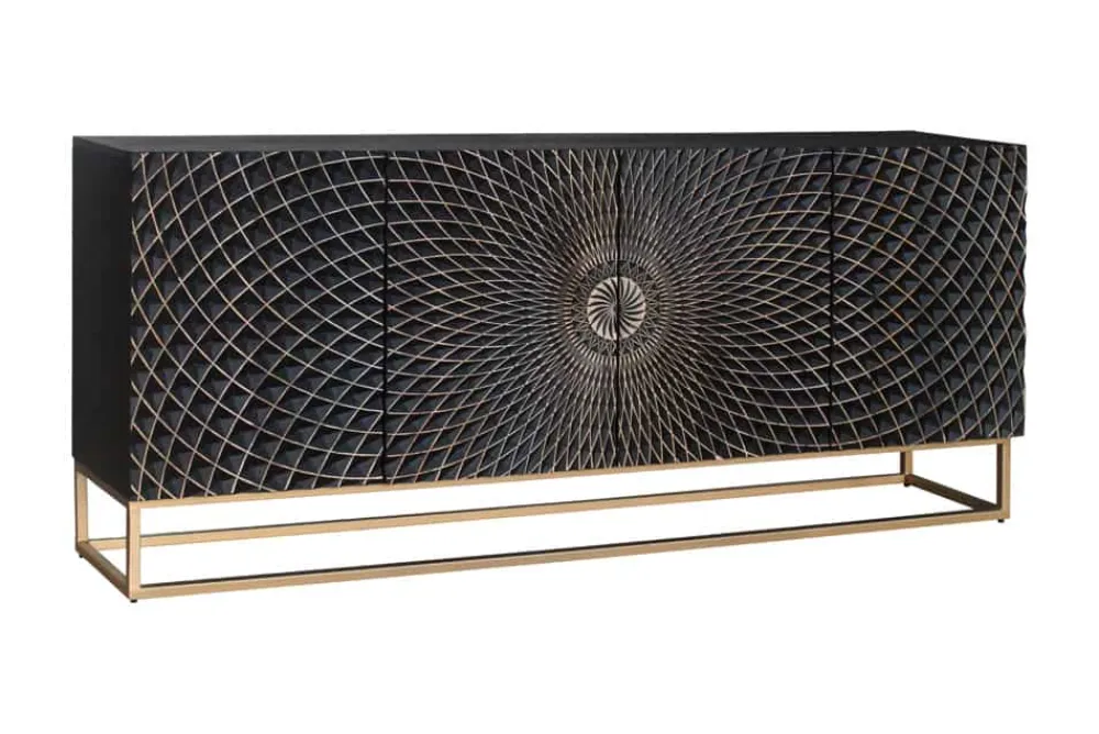 Riess-Ambiente Goldene Möbel|Mehr... > Design Sideboard ILLUSION 180cm schwarz Mangoholz Massivholz mit 3D Schnitzereien gold Eisen Metallgestell