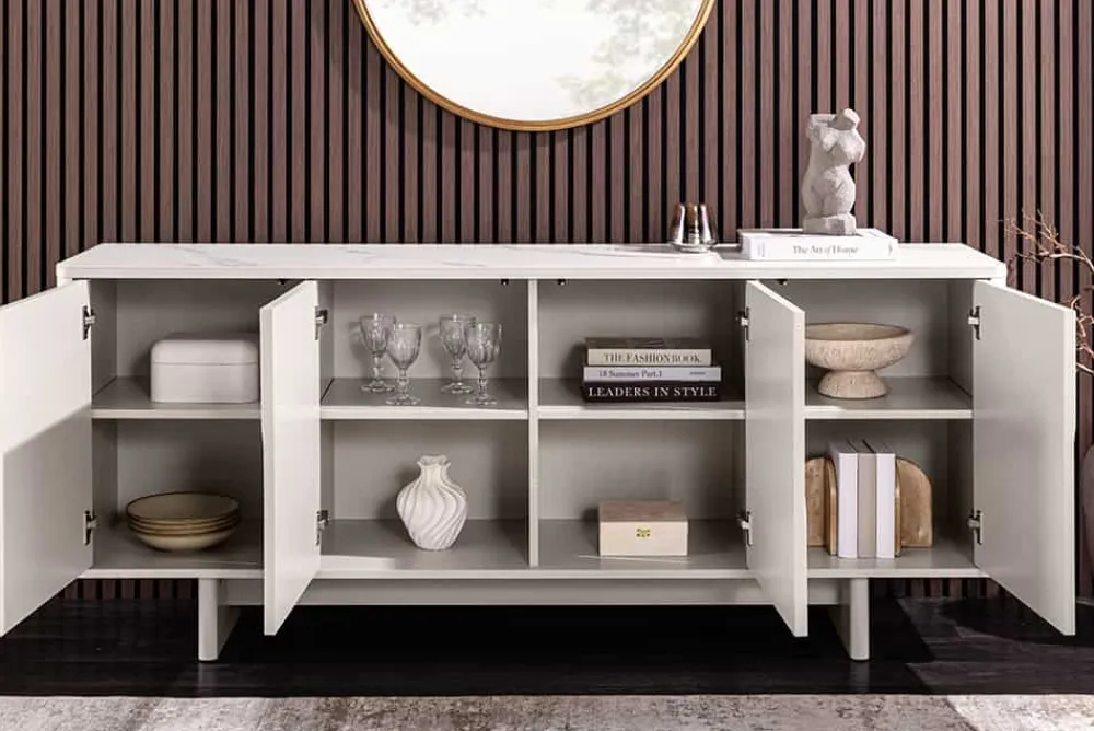 Riess-Ambiente Sideboards & Kommoden > Design Sideboard SAVOY 180cm kaschmir weiß Marmor Keramik mit Stauraum und 3D-Front