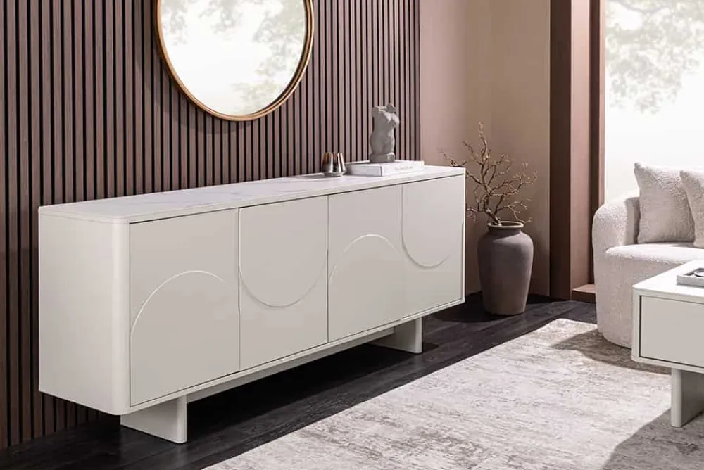 Riess-Ambiente Sideboards & Kommoden > Design Sideboard SAVOY 180cm kaschmir weiß Marmor Keramik mit Stauraum und 3D-Front