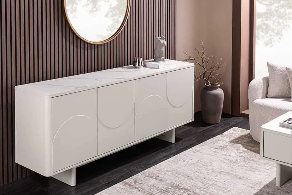 Riess-Ambiente Sideboards & Kommoden > Design Sideboard SAVOY 180cm kaschmir weiß Marmor Keramik mit Stauraum und 3D-Front