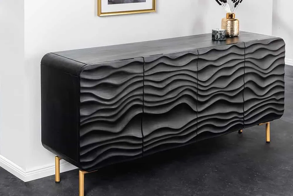 Riess-Ambiente Goldene Möbel|Retro Möbel > Design Sideboard WAVE 160cm schwarz Mangoholz Massivholz mattgold Metallbeine