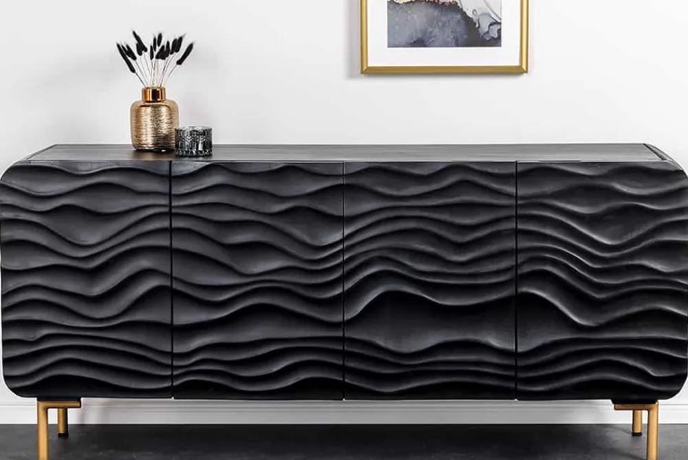 Riess-Ambiente Goldene Möbel|Retro Möbel > Design Sideboard WAVE 160cm schwarz Mangoholz Massivholz mattgold Metallbeine