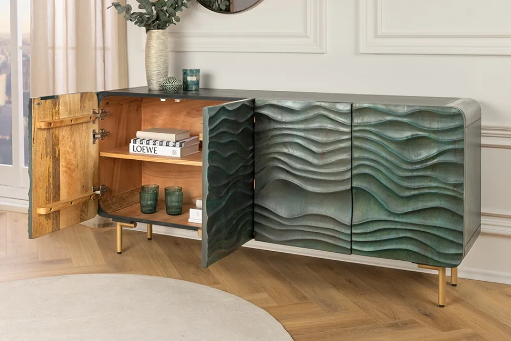 Riess-Ambiente Mehr...|Retro Möbel > Design Sideboard WAVE 160cm türkis Mangoholz Massivholz mattgold Metallbeine