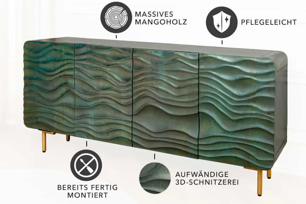 Riess-Ambiente Mehr...|Retro Möbel > Design Sideboard WAVE 160cm türkis Mangoholz Massivholz mattgold Metallbeine
