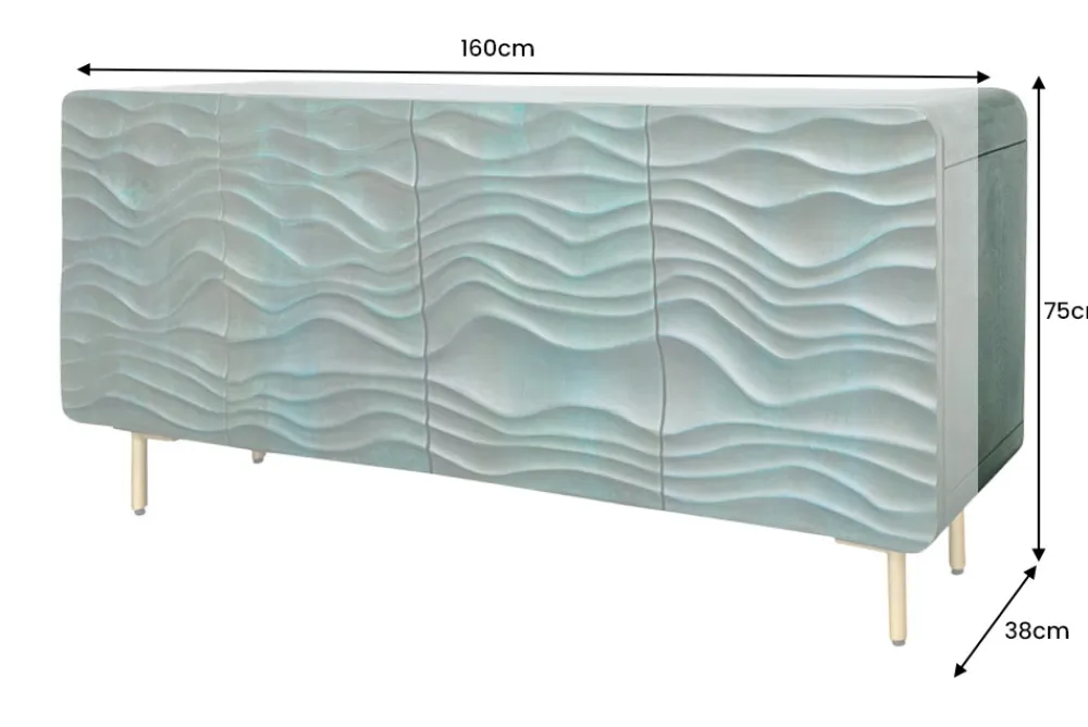 Riess-Ambiente Mehr...|Retro Möbel > Design Sideboard WAVE 160cm türkis Mangoholz Massivholz mattgold Metallbeine