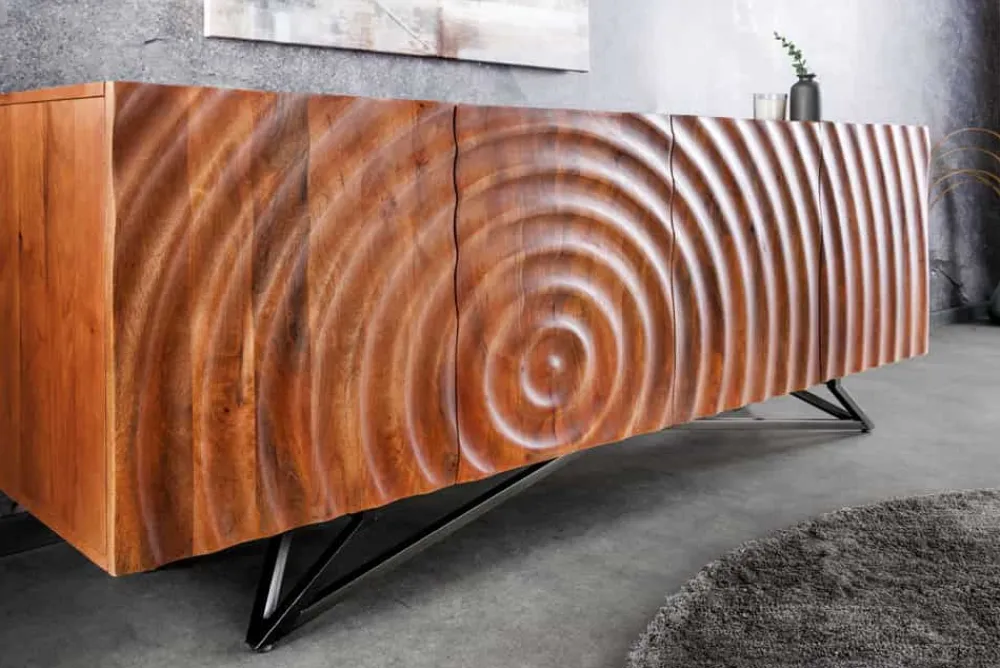 Riess-Ambiente Industrial Loft|Mehr... > Design Sideboard ZEN 180cm braun Mangoholz mit 3D Schnitzereien Metallgestell schwarz handmade
