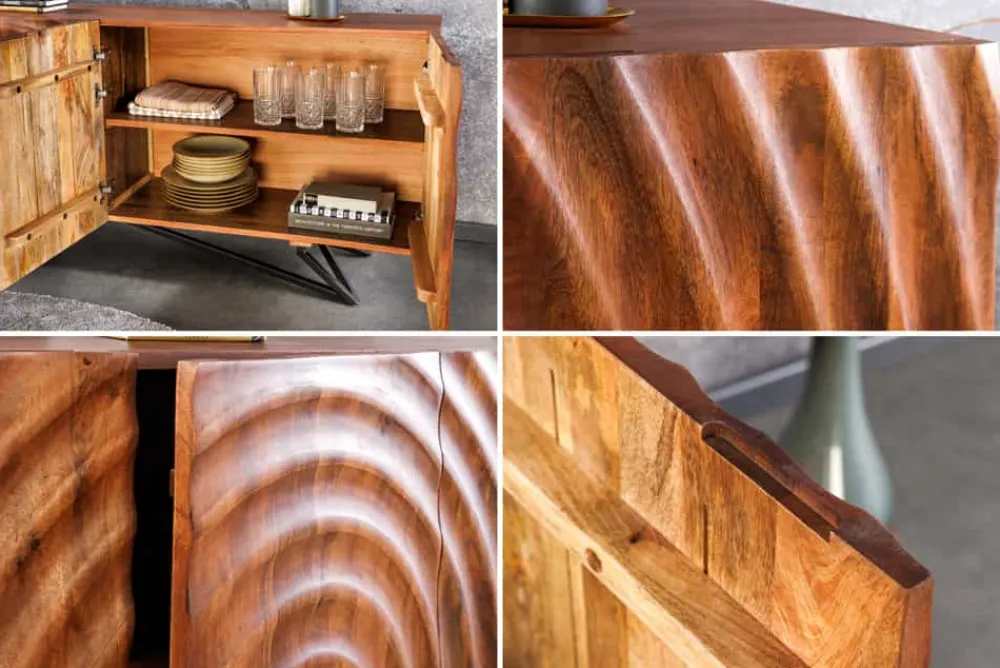 Riess-Ambiente Industrial Loft|Mehr... > Design Sideboard ZEN 180cm braun Mangoholz mit 3D Schnitzereien Metallgestell schwarz handmade