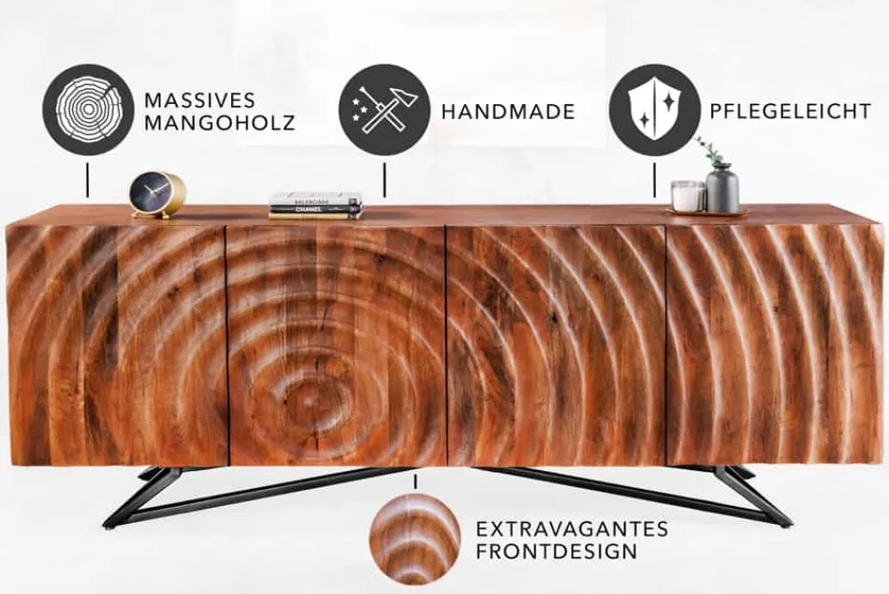 Riess-Ambiente Industrial Loft|Mehr... > Design Sideboard ZEN 180cm braun Mangoholz mit 3D Schnitzereien Metallgestell schwarz handmade