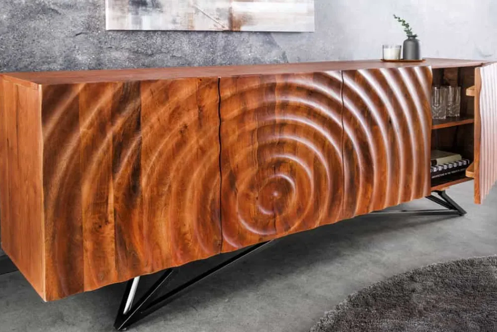 Riess-Ambiente Industrial Loft|Mehr... > Design Sideboard ZEN 180cm braun Mangoholz mit 3D Schnitzereien Metallgestell schwarz handmade