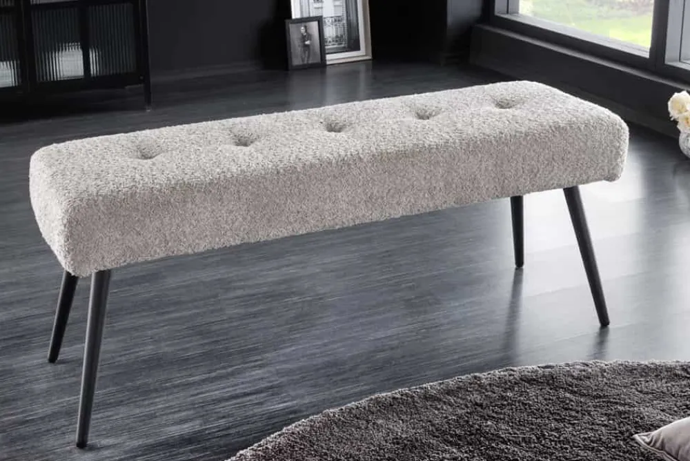 Riess-Ambiente Sitzbänke > Design Sitzbank BOUTIQUE 100cm champagner greige Bouclé schwarze Metallbeine Polsterbank
