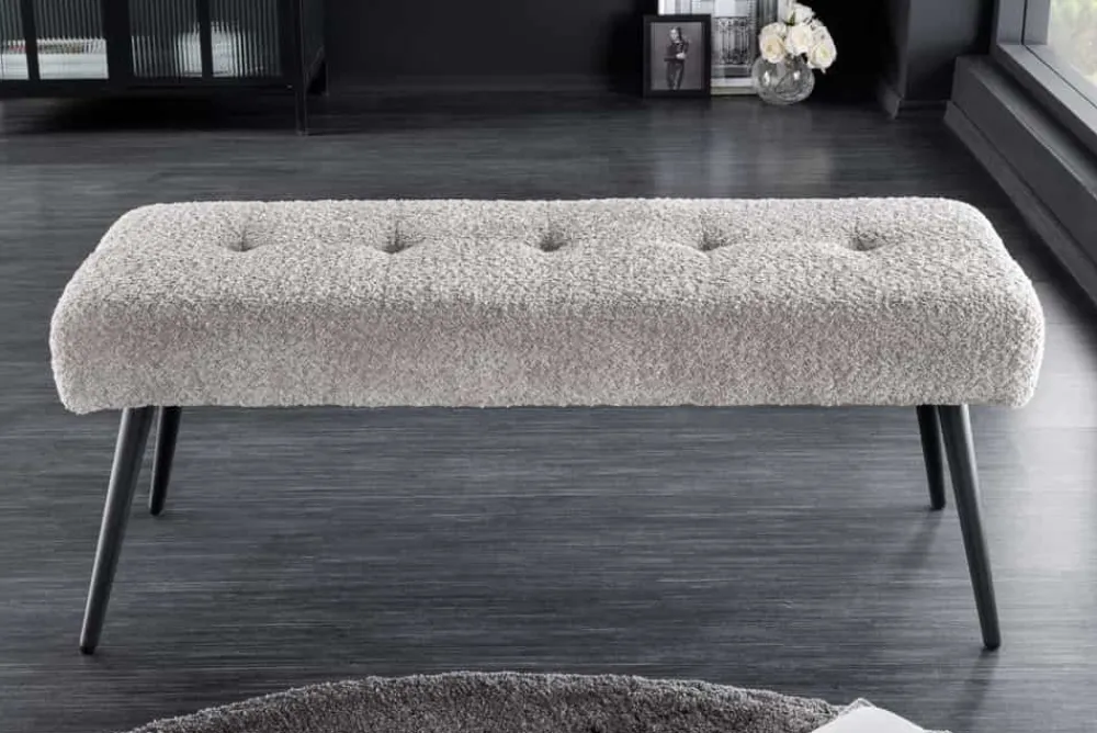 Riess-Ambiente Sitzbänke > Design Sitzbank BOUTIQUE 100cm champagner greige Bouclé schwarze Metallbeine Polsterbank