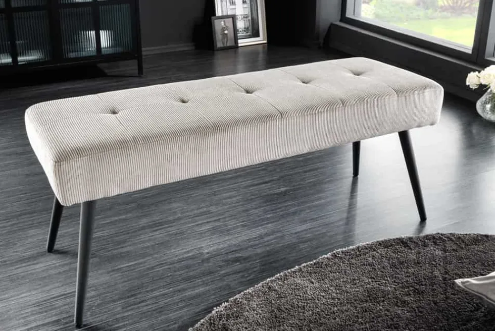 Riess-Ambiente Skandinavisch|Sitzbänke > Design Sitzbank BOUTIQUE 100cm hellgrau Cord schwarze Metallbeine