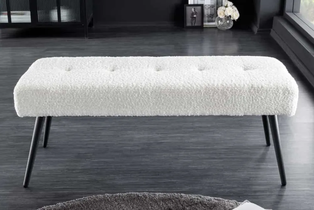 Riess-Ambiente Sitzbänke > Design Sitzbank BOUTIQUE 100cm weiß Bouclé schwarze Metallbeine Polsterbank