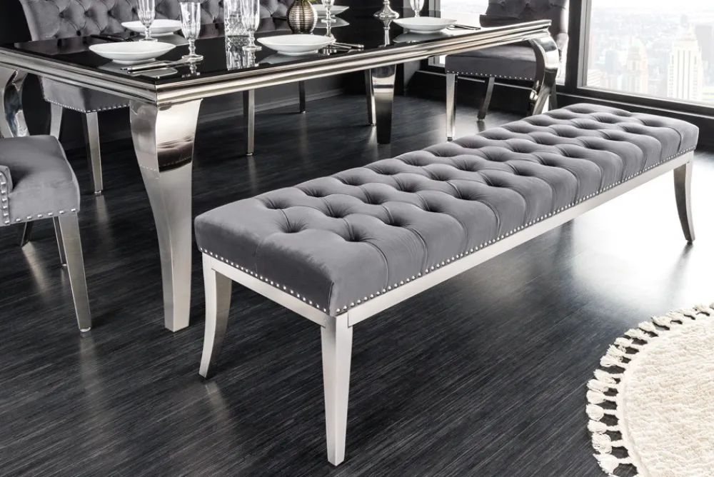 Riess-Ambiente Sitzbänke|Samt Möbel > Design Sitzbank CASTLE DELUXE 165cm grau Samt silber Edelstahl gepolstert