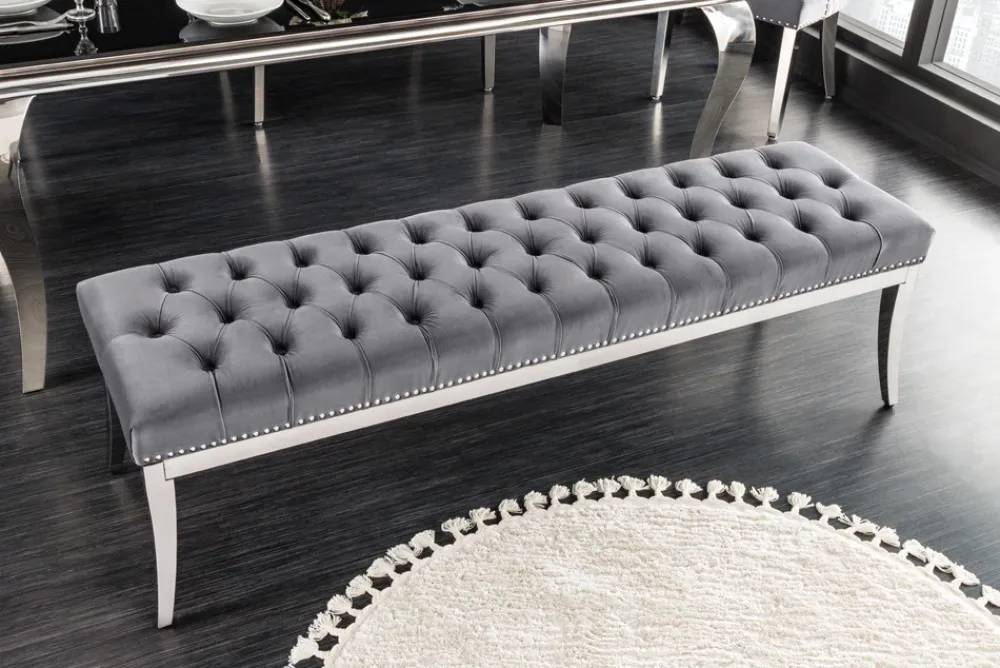 Riess-Ambiente Sitzbänke|Samt Möbel > Design Sitzbank CASTLE DELUXE 165cm grau Samt silber Edelstahl gepolstert