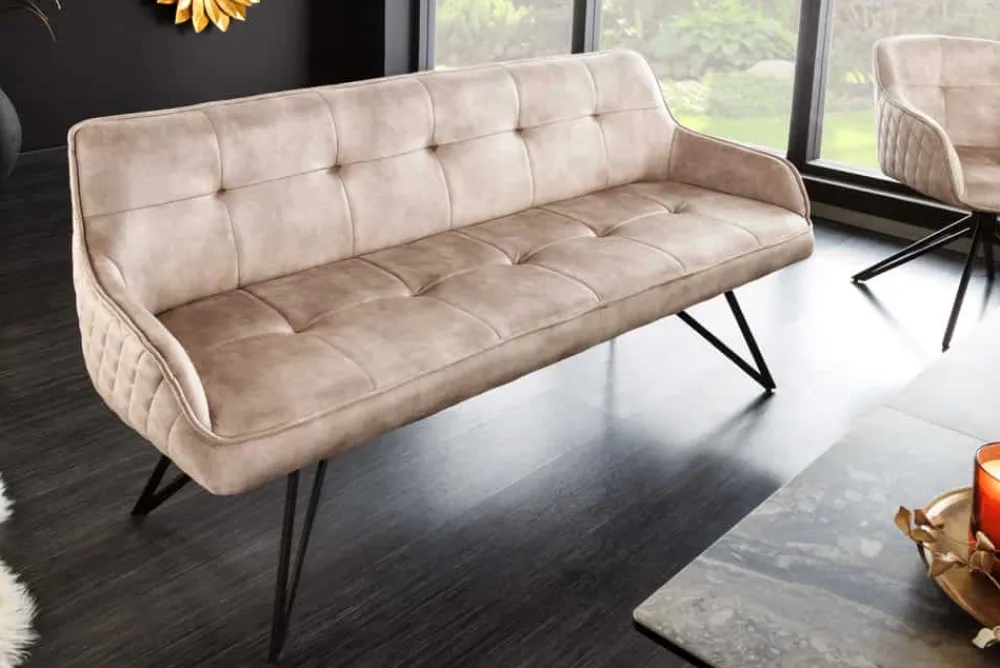 Riess-Ambiente Sitzbänke|Samt Möbel > Design Sitzbank EUPHORIA 160cm champagner greige Samt Hairpin Legs Metallbeine Armlehnen