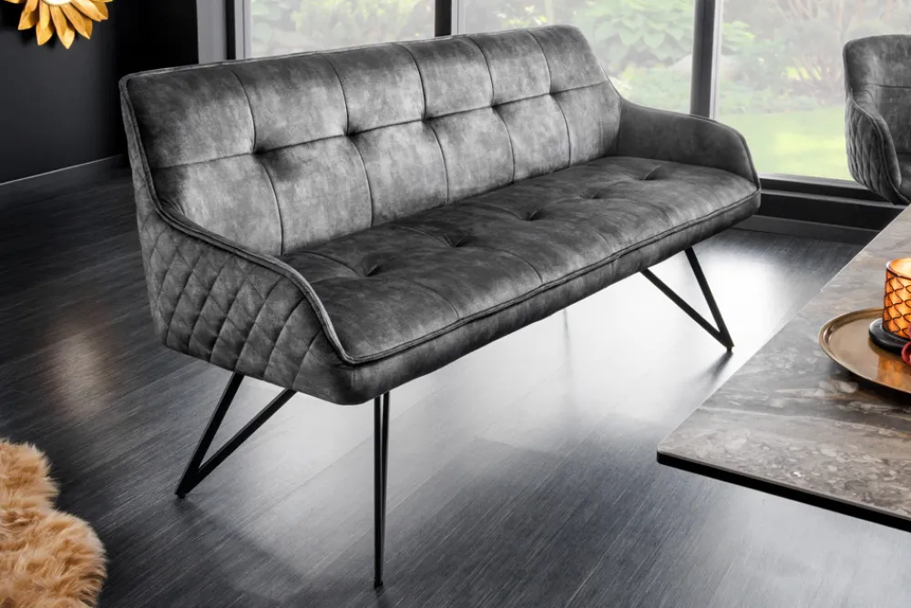 Riess-Ambiente Sitzbänke|Samt Möbel > Design Sitzbank EUPHORIA 160cm dunkelgrau Samt Retrostil Ziersteppung Hairpin Legs Metallbeine Armlehnen