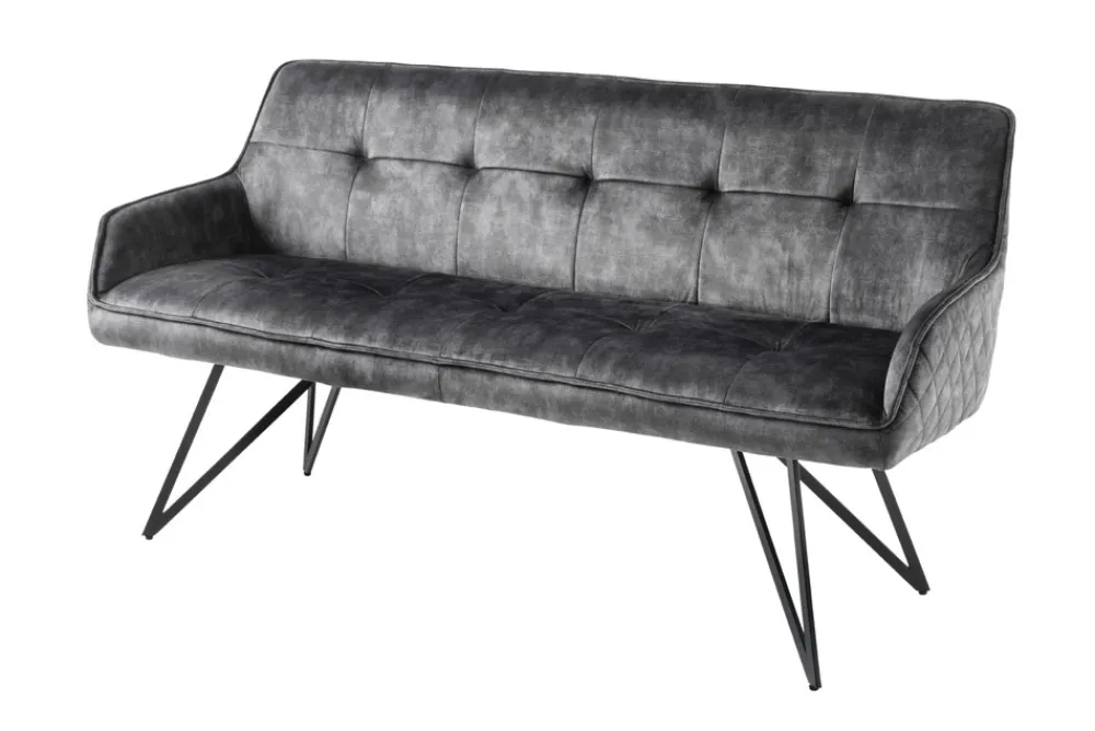 Riess-Ambiente Sitzbänke|Samt Möbel > Design Sitzbank EUPHORIA 160cm dunkelgrau Samt Retrostil Ziersteppung Hairpin Legs Metallbeine Armlehnen