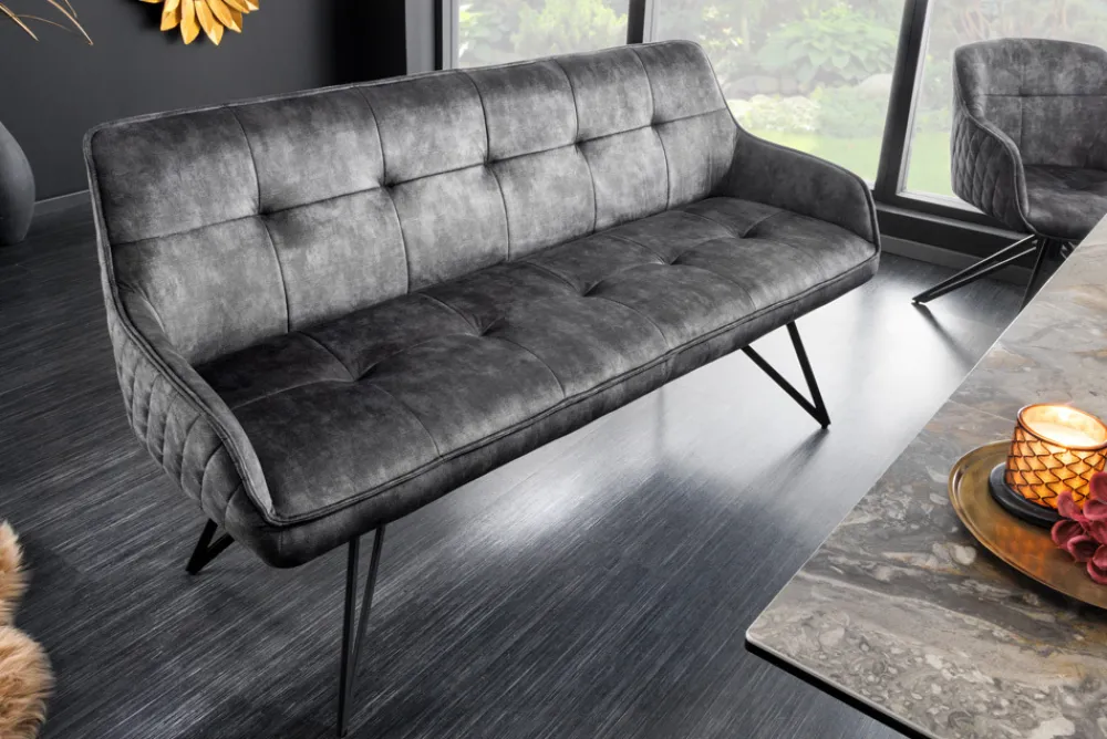 Riess-Ambiente Sitzbänke|Samt Möbel > Design Sitzbank EUPHORIA 160cm dunkelgrau Samt Retrostil Ziersteppung Hairpin Legs Metallbeine Armlehnen