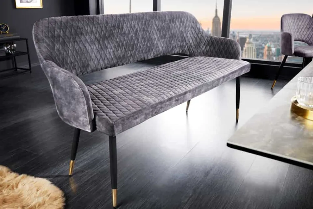 Riess-Ambiente Sitzbänke|Retro Möbel > Design Sitzbank PARIS 160cm grau Samt Rückenlehne goldene Fußkappen Retro