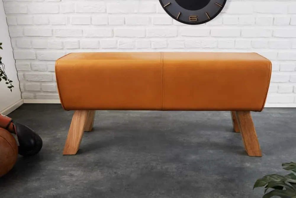 Riess-Ambiente Sitzbänke|Retro Möbel > Design Sitzbank TURNBOCK 100cm cognac Echtleder Mangoholz Retro Sitzhocker