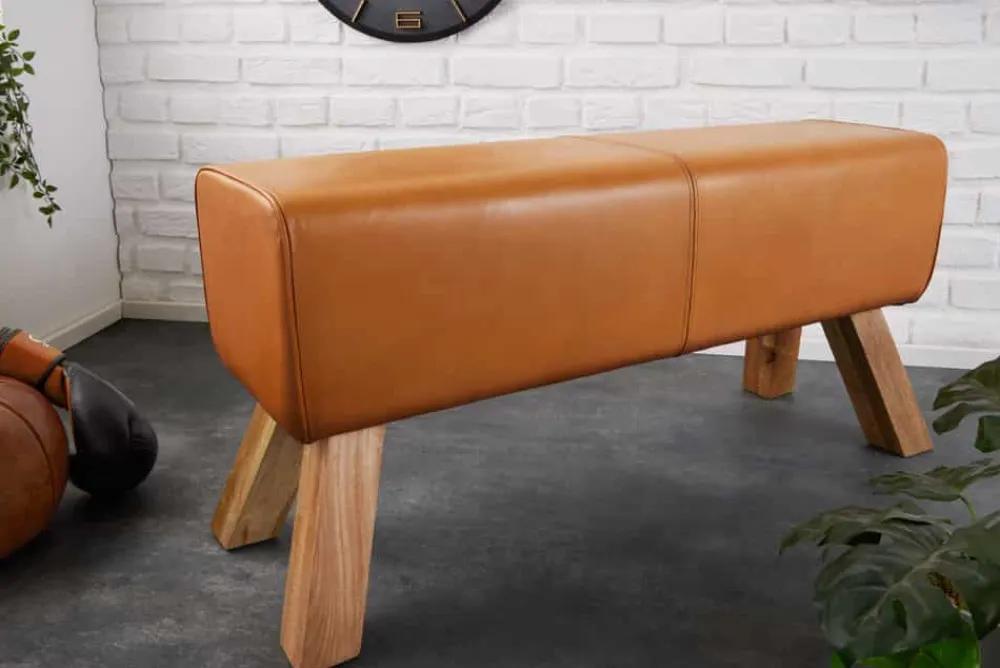 Riess-Ambiente Sitzbänke|Retro Möbel > Design Sitzbank TURNBOCK 100cm cognac Echtleder Mangoholz Retro Sitzhocker