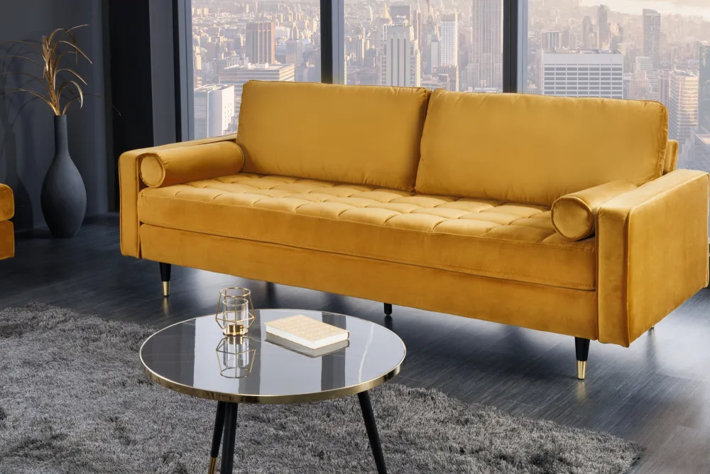 Riess-Ambiente Samt Möbel|3-Sitzer Sofa > Design 3-Sitzer Sofa COZY VELVET 220cm senfgelb Samt Federkern