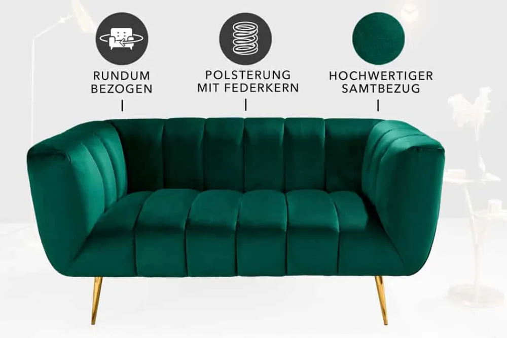 Riess-Ambiente 2-Sitzer Sofa|Goldene Möbel > Design 2-Sitzer Sofa NOBLESSE 165cm smaragdgrün Samt Federkern goldene Metallfüße