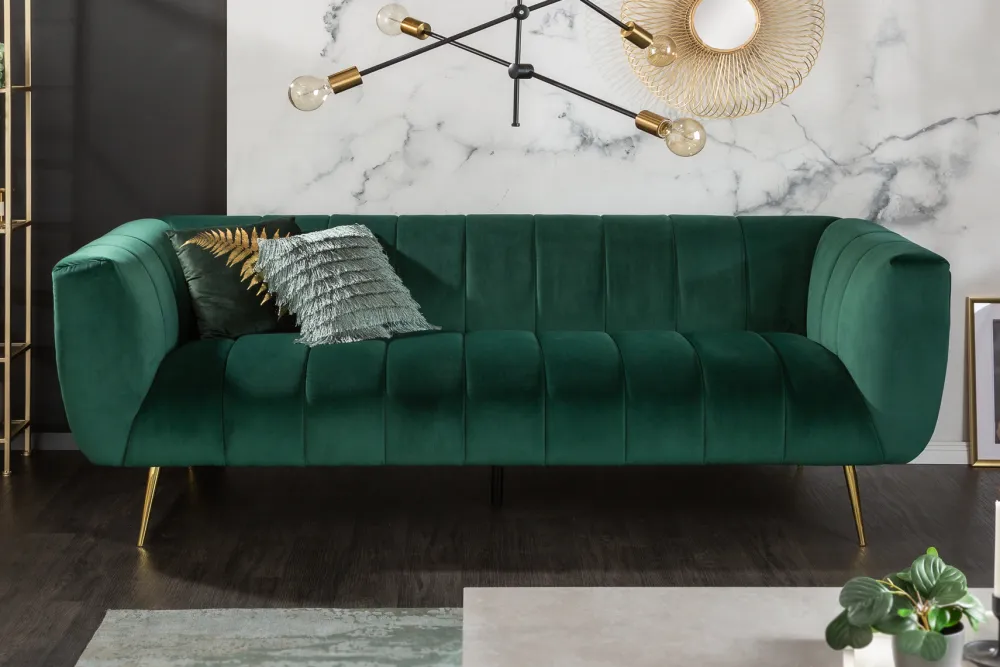 Riess-Ambiente Goldene Möbel|Samt Möbel > Design 3-Sitzer Sofa NOBLESSE 225cm smaragdgrün Samt Federkern goldene Metallfüße