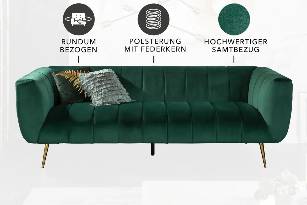 Riess-Ambiente Goldene Möbel|Samt Möbel > Design 3-Sitzer Sofa NOBLESSE 225cm smaragdgrün Samt Federkern goldene Metallfüße