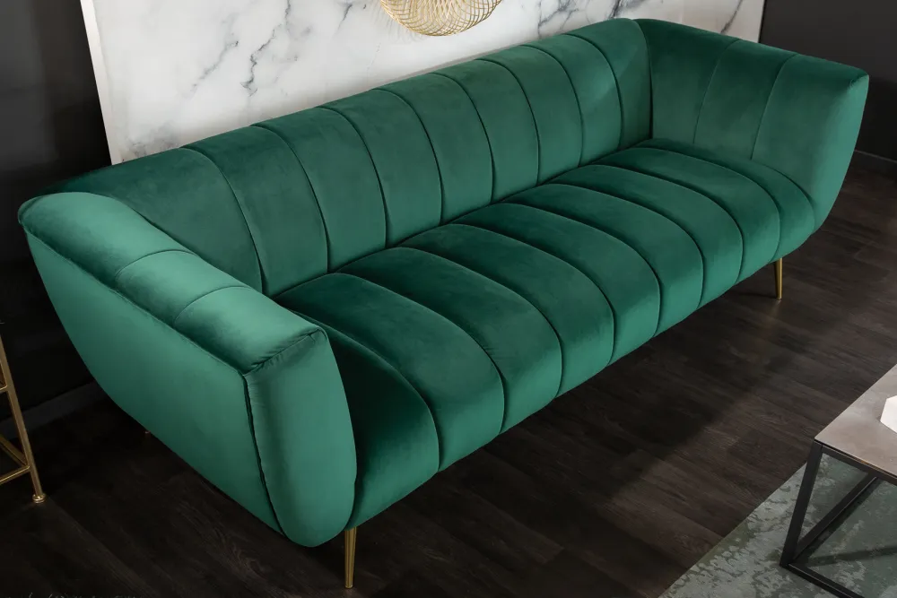 Riess-Ambiente Goldene Möbel|Samt Möbel > Design 3-Sitzer Sofa NOBLESSE 225cm smaragdgrün Samt Federkern goldene Metallfüße
