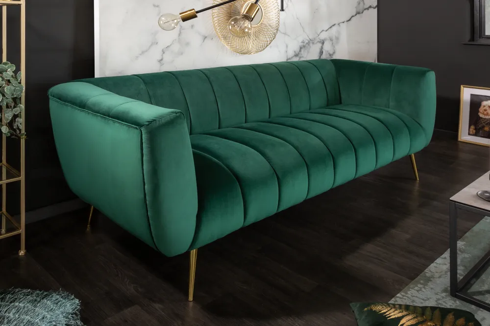 Riess-Ambiente Goldene Möbel|Samt Möbel > Design 3-Sitzer Sofa NOBLESSE 225cm smaragdgrün Samt Federkern goldene Metallfüße
