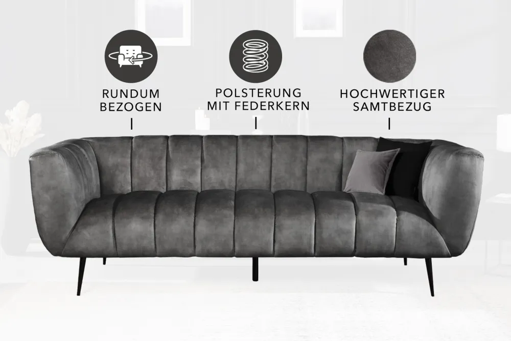 Riess-Ambiente Samt Möbel|Retro Möbel > Design 3-Sitzer Sofa NOBLESSE 225cm grau Samt Federkern schwarze Metallfüße
