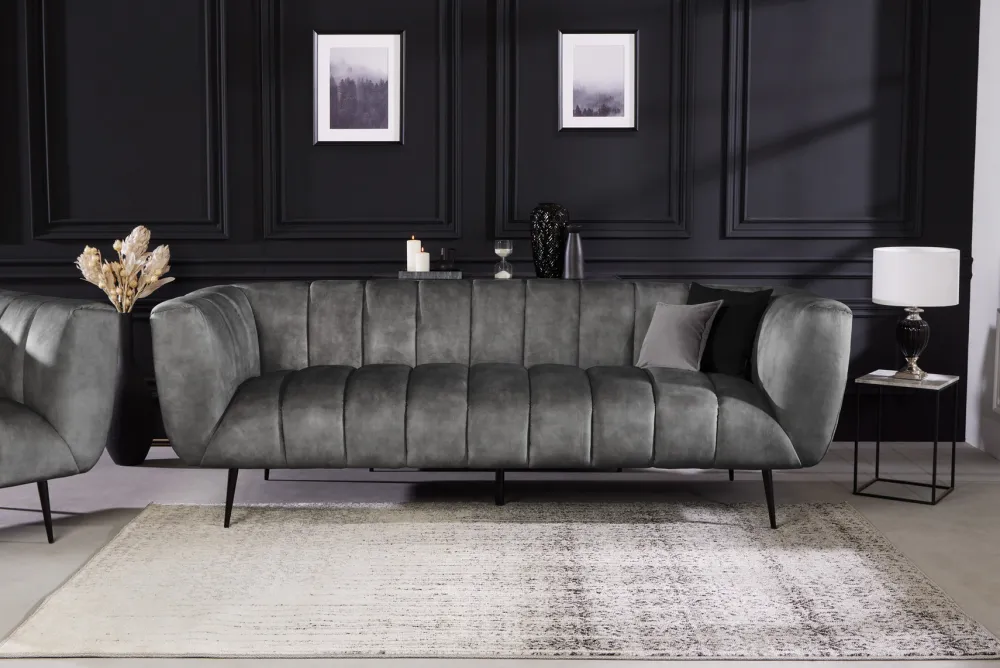 Riess-Ambiente Samt Möbel|Retro Möbel > Design 3-Sitzer Sofa NOBLESSE 225cm grau Samt Federkern schwarze Metallfüße