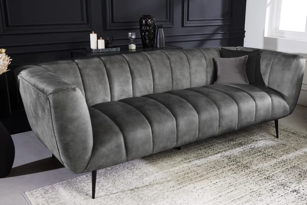 Riess-Ambiente Samt Möbel|Retro Möbel > Design 3-Sitzer Sofa NOBLESSE 225cm grau Samt Federkern schwarze Metallfüße