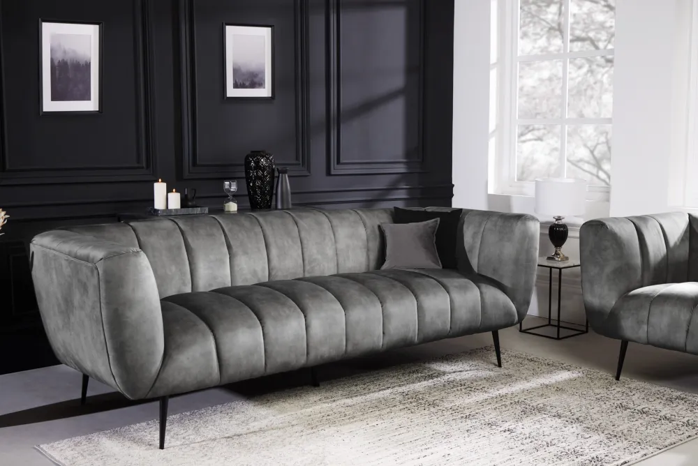Riess-Ambiente Samt Möbel|Retro Möbel > Design 3-Sitzer Sofa NOBLESSE 225cm grau Samt Federkern schwarze Metallfüße