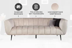 Riess-Ambiente Samt Möbel|Retro Möbel > Design 3-Sitzer Sofa NOBLESSE 225cm champagner beige Samt 3-Sitzer Federkern schwarze Metallfüße