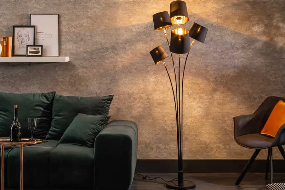 Riess-Ambiente Goldene Möbel|Retro Möbel > Design Stehlampe LEVELS 176cm mit 5 Leinenschirmen schwarz gold Stehleuchte