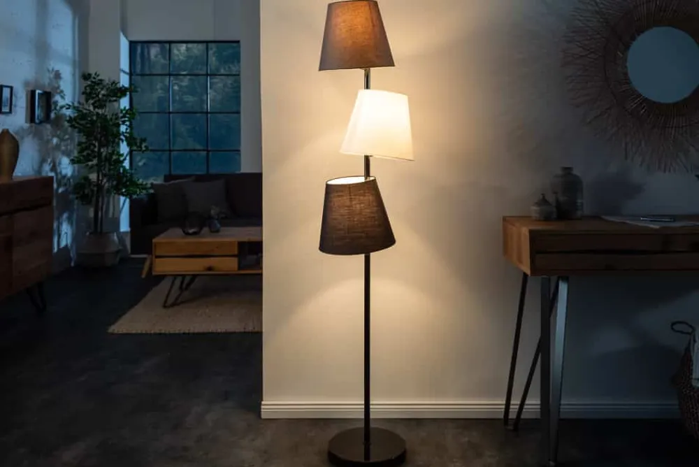 Riess-Ambiente Retro Möbel|Stehleuchten > Design Stehlampe LEVELS 163cm schwarz grau mit 3 Leinenschirmen