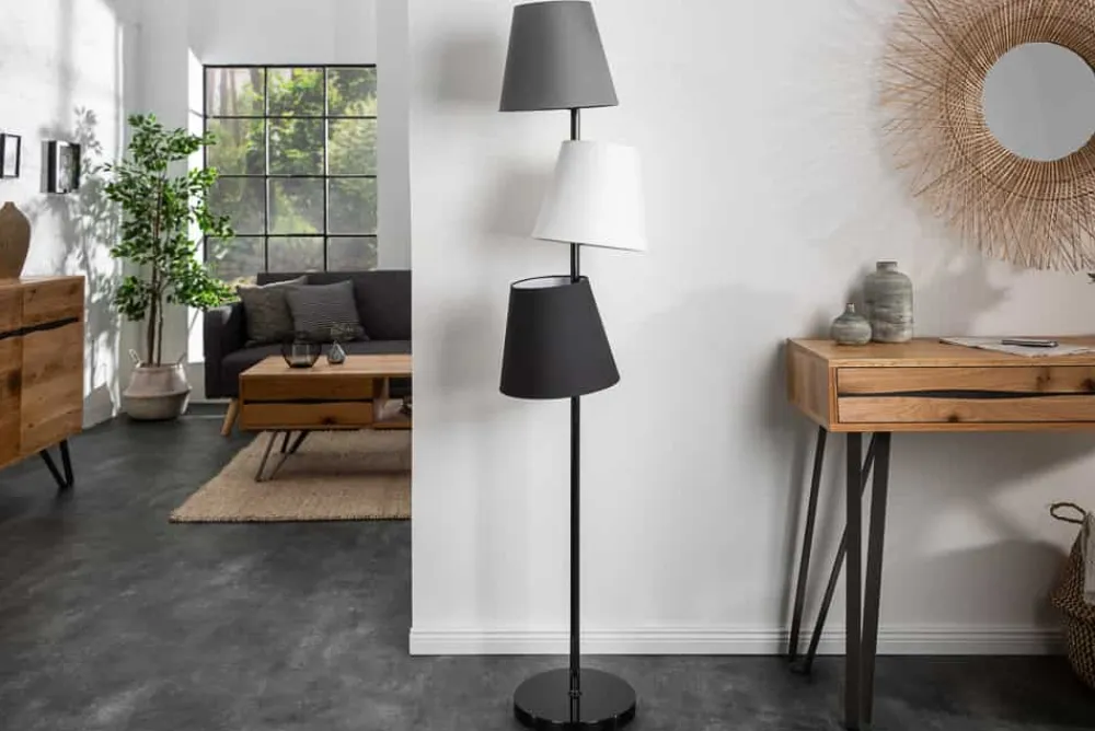 Riess-Ambiente Retro Möbel|Stehleuchten > Design Stehlampe LEVELS 163cm schwarz grau mit 3 Leinenschirmen