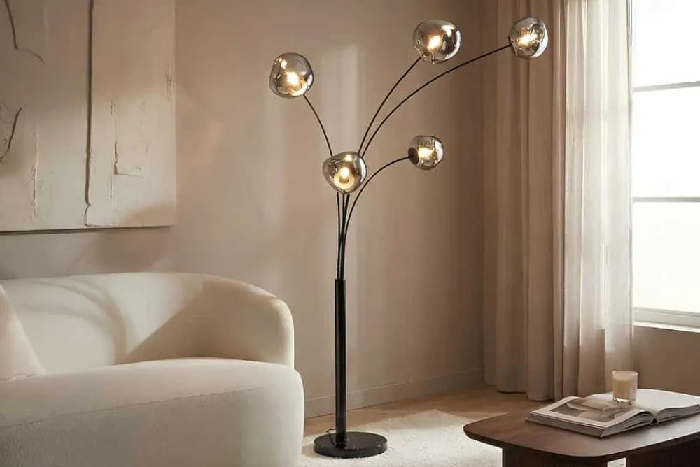 Riess-Ambiente Stehleuchten > Design Stehlampe LIQUID DIAMOND 200cm schwarz smoke grau fünf Glasschirme mit Marmorfuß