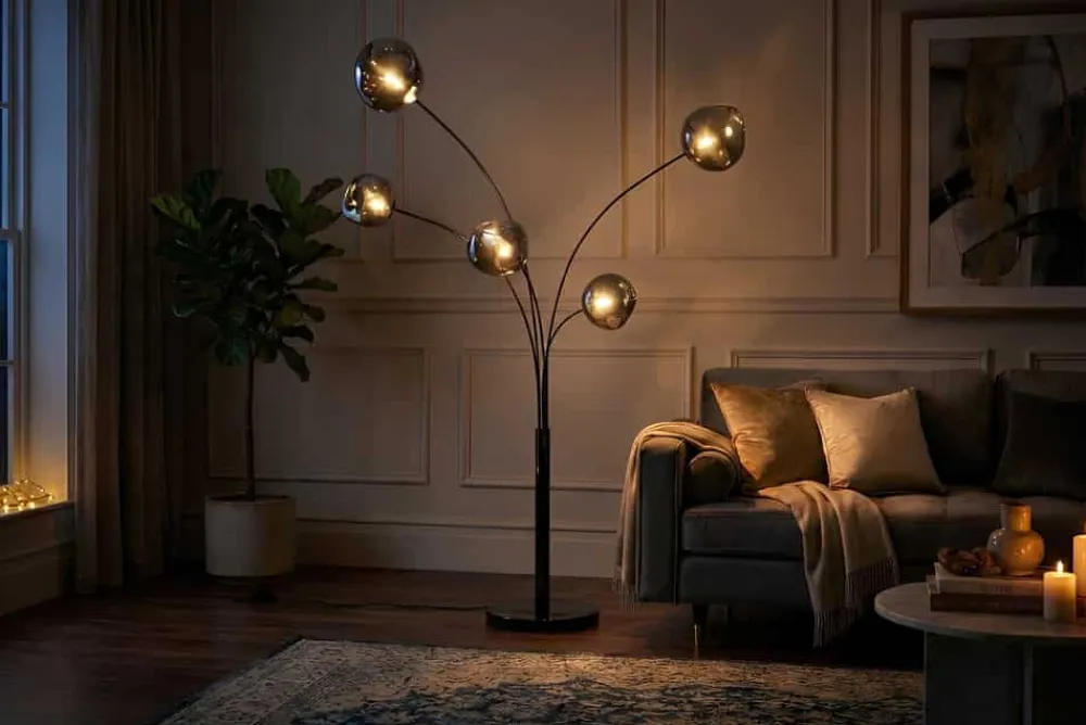 Riess-Ambiente Stehleuchten > Design Stehlampe LIQUID DIAMOND 200cm schwarz smoke grau fünf Glasschirme mit Marmorfuß