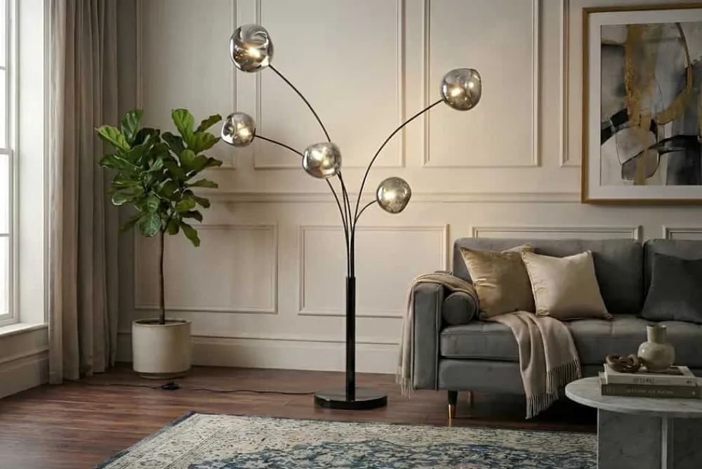 Riess-Ambiente Stehleuchten > Design Stehlampe LIQUID DIAMOND 200cm schwarz smoke grau fünf Glasschirme mit Marmorfuß