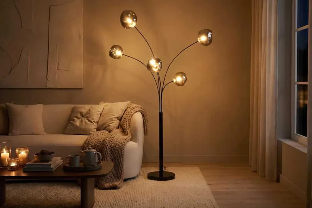 Riess-Ambiente Stehleuchten > Design Stehlampe LIQUID DIAMOND 200cm schwarz smoke grau fünf Glasschirme mit Marmorfuß