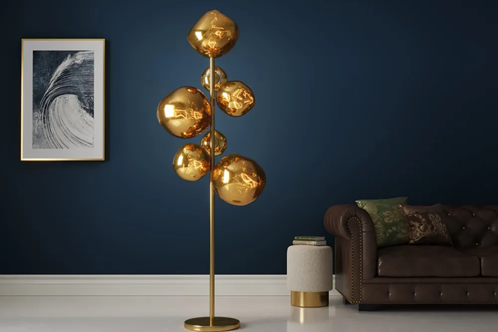 Riess-Ambiente Goldene Möbel|Stehleuchten > Design Stehlampe LIQUID DIAMOND 170cm gold Glas Stahl sieben Schirme Kugelleuchte
