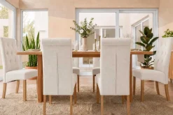 Riess-Ambiente Stühle > Design Stuhl CASA beige Strukturstoff Massivholzbeine mit Zierknöpfen und Nackenrolle