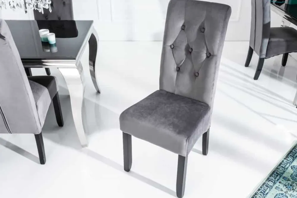 Riess-Ambiente Stühle|Samt Möbel > Design Stuhl CASA grau Samt mit Zierknöpfen Massivholzbeine